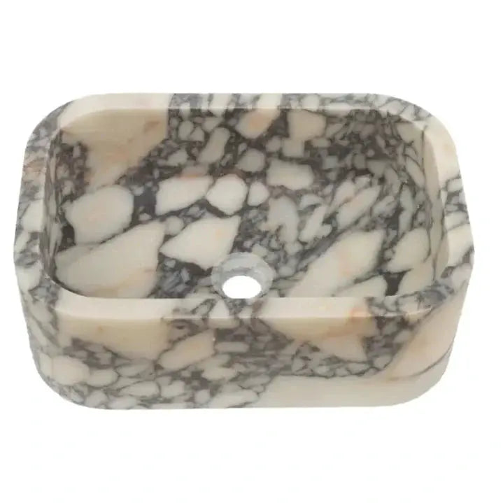 Calacatta Viola marble rectangular vessel sink, Villohome, white with gray veining, wall-mount