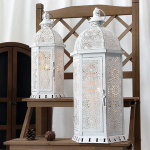 Set of 2 white metal lanterns, 15in and 19.5in tall, with intricate vintage lattice details by JHY DESIGN.