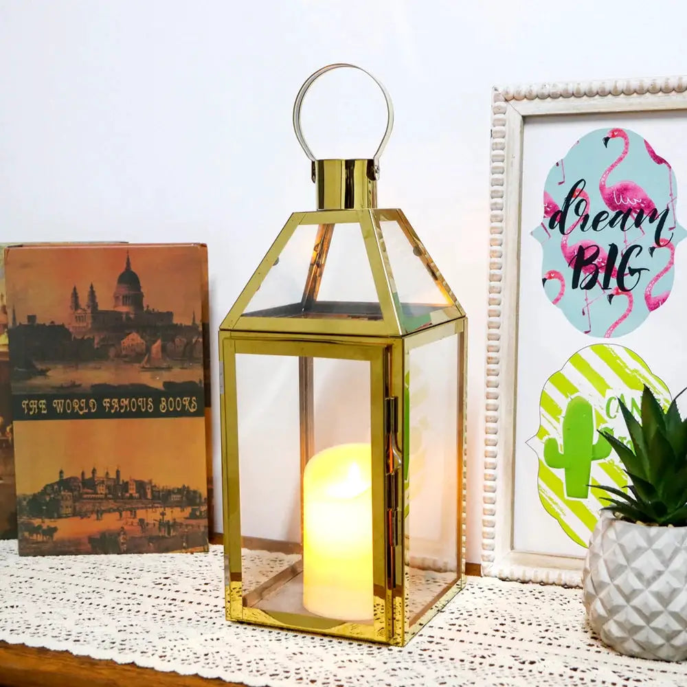 16-inch gold stainless-steel decorative candle lantern with glass panels and loop handle by JHY DESIGN