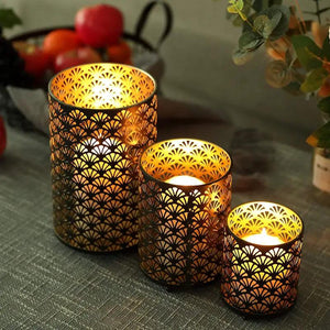 Metal hurricane lanterns, set of 3, gold perforated lattice pattern, by JHY DESIGN