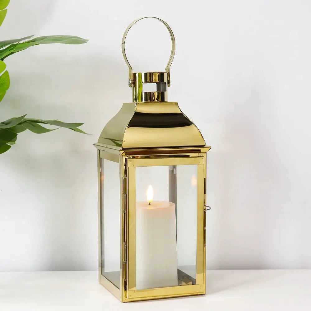 JHY DESIGN gold 12.5-inch decorative candle lantern with glass panels and a looped top handle.
