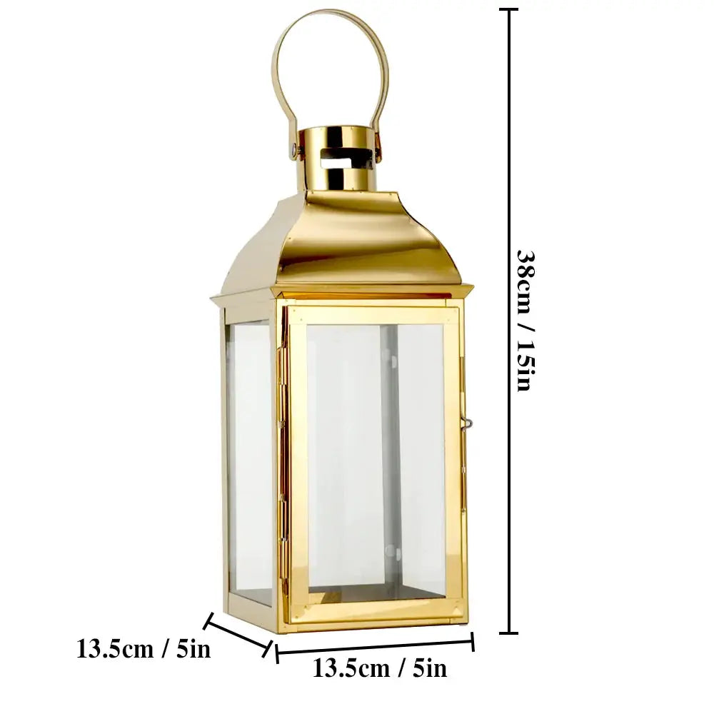 12.5-inch high decorative lanterns by JHY DESIGN; gold metal frame with glass panels and a hanging top handle.