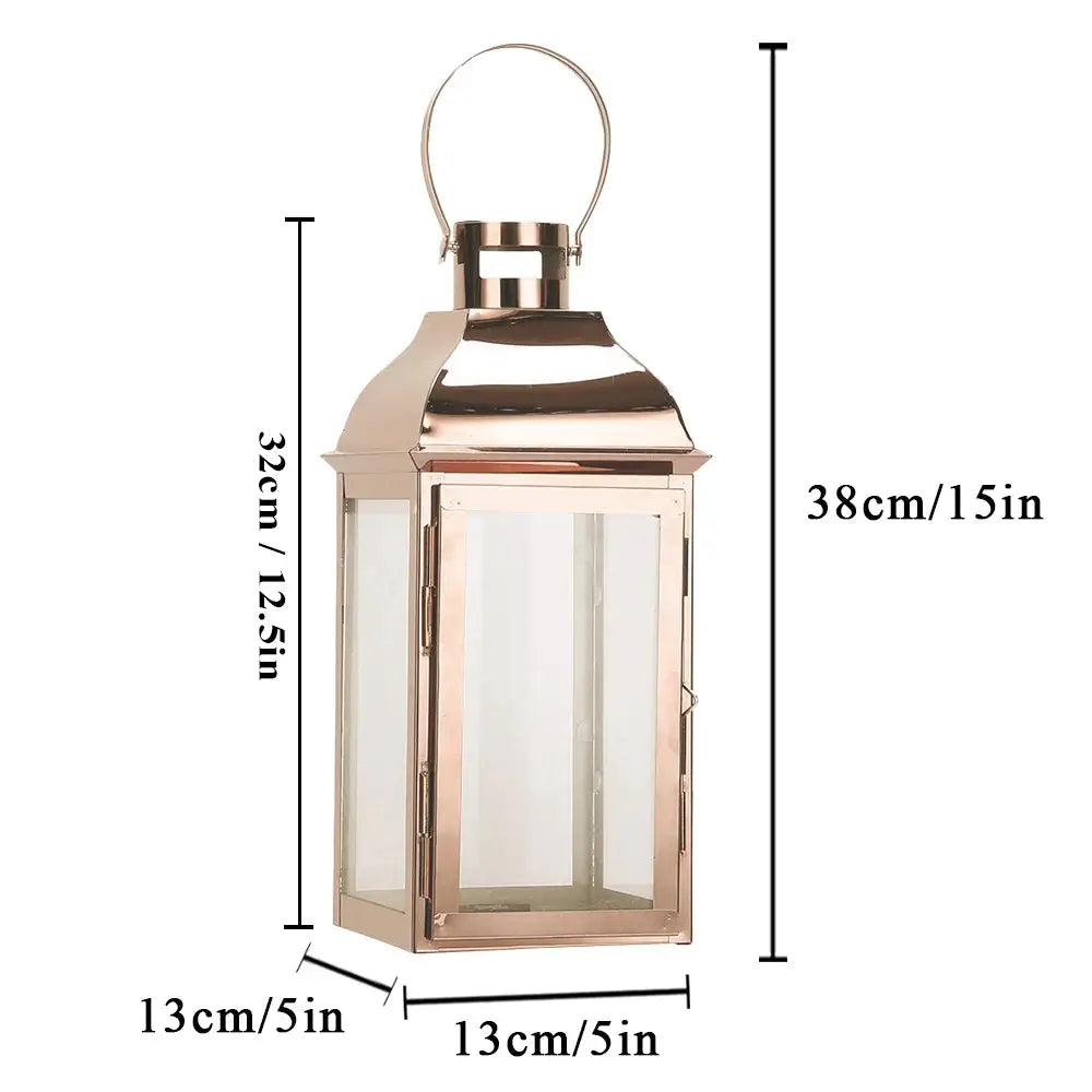 12.5in high decorative lantern by JHY DESIGN; rose-gold copper frame with glass panels
