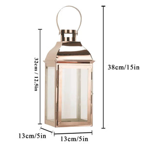 12.5in high decorative lantern by JHY DESIGN; rose-gold copper frame with glass panels