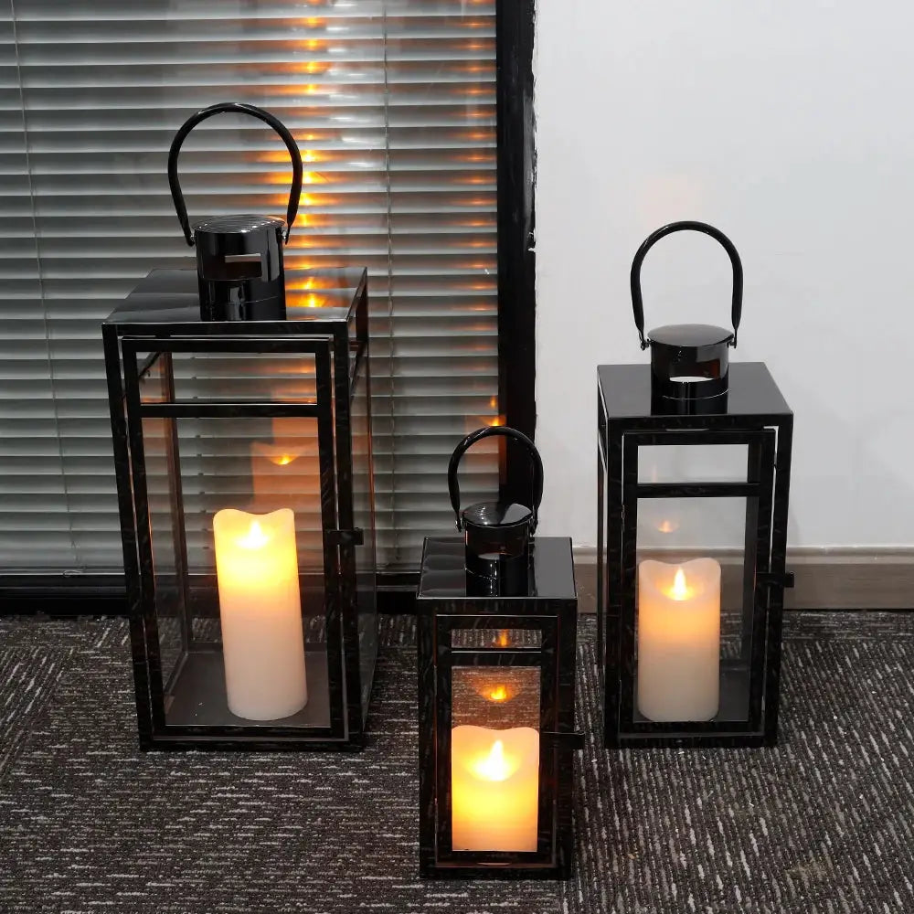 Set of 3 black stainless steel candle lanterns by JHY DESIGN