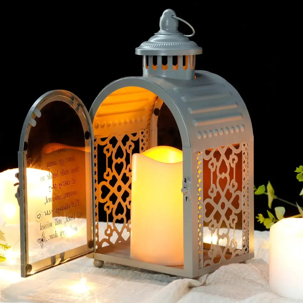 11'' High Memorial Lantern, grey metal by JHY DESIGN with decorative lattice panels and automatic timer