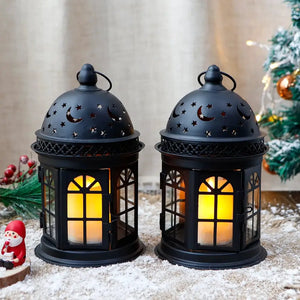 JHY DESIGN 8.5-inch decorative candle lanterns, set of 2, black metal with star and moon cutouts and warm glow