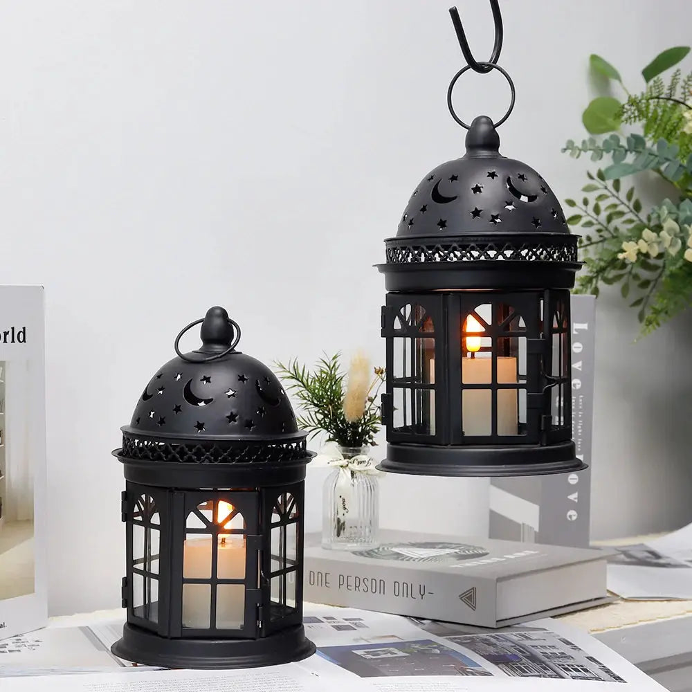 8.5 inch High Decorative Lanterns, set of 2, black metal with glass panels, JHY DESIGN.