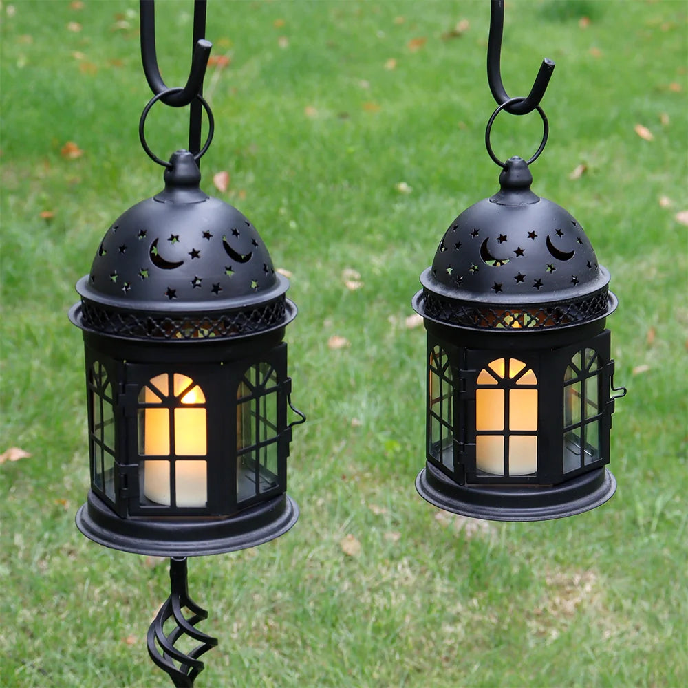 8.5-inch high decorative lanterns by JHY DESIGN, black metal with star and moon cutouts, set of 2