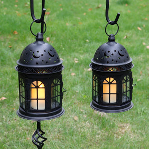 8.5-inch high decorative lanterns by JHY DESIGN, black metal with star and moon cutouts, set of 2