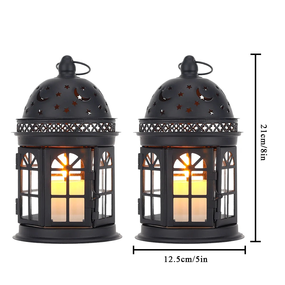 JHY DESIGN decorative candle lanterns set of 2, black metal with star and crescent cutouts and glass-paneled sides