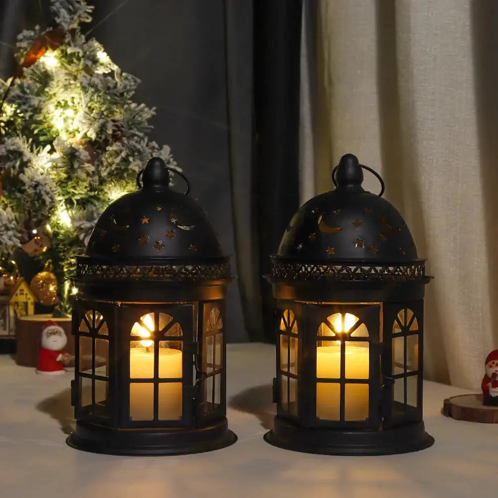 JHY DESIGN 8.5-inch high decorative candle lanterns, black metal, set of 2 with glass panes and star/moon cutouts