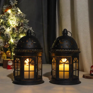 JHY DESIGN 8.5-inch high decorative candle lanterns, black metal, set of 2 with glass panes and star/moon cutouts