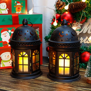 8.5 inch High Decorative Lanterns set of 2 by JHY DESIGN, black metal with star and moon cutouts and warm candle glow.
