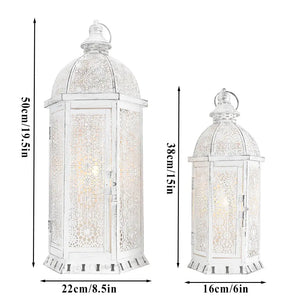 Set of 2 white metal lanterns with intricate lattice panels; 19.5in and 15in tall