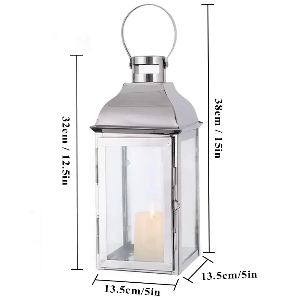 JHY DESIGN 12.5-inch decorative candle lantern in silver metal with glass panels and candle inside