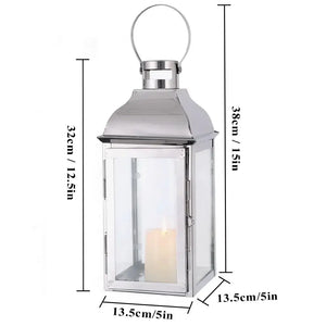 JHY DESIGN 12.5-inch decorative candle lantern in silver metal with glass panels and candle inside