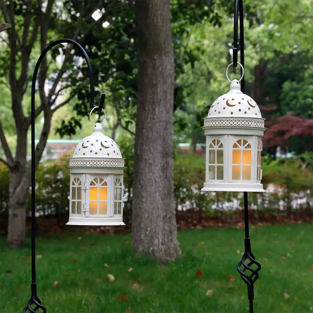 8.5 inch high decorative lanterns, JHY DESIGN set of 2, white metal with moon and star cutouts.