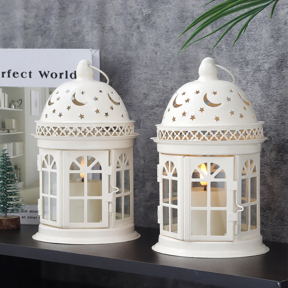 JHY DESIGN decorative lanterns, set of 2, white with star and moon cutouts, 8.5-inch tall, candles lit inside.