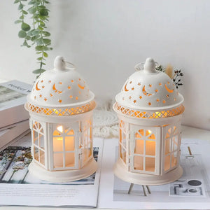 Decorative candle lanterns set of 2 by JHY DESIGN; white metal with moon and star cutouts, warm glow
