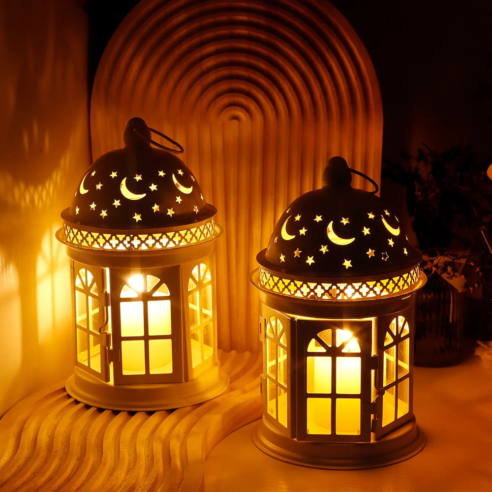 JHY DESIGN decorative candle lanterns, set of 2, 8.5-inch, black metal with moon & stars cutouts.