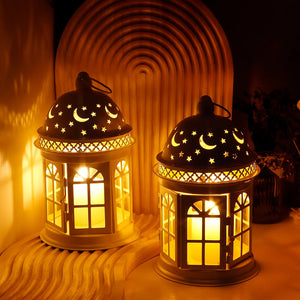 JHY DESIGN decorative candle lanterns, set of 2, 8.5-inch, black metal with moon & stars cutouts.