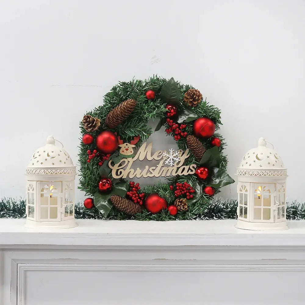 8.5 inch high decorative lanterns, white metal set of 2 by JHY DESIGN, flanking a Christmas wreath.
