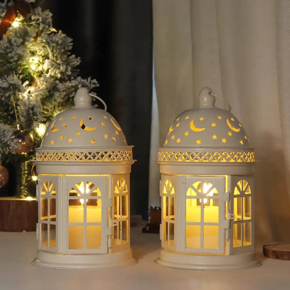 JHY DESIGN 8.5-inch decorative lanterns, white metal, set of 2 with moon and star cutouts and warm candlelight.