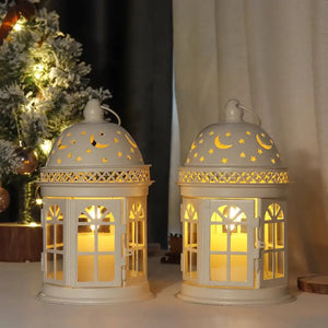 JHY DESIGN 8.5-inch decorative lanterns, white metal, set of 2 with moon and star cutouts and warm candlelight.