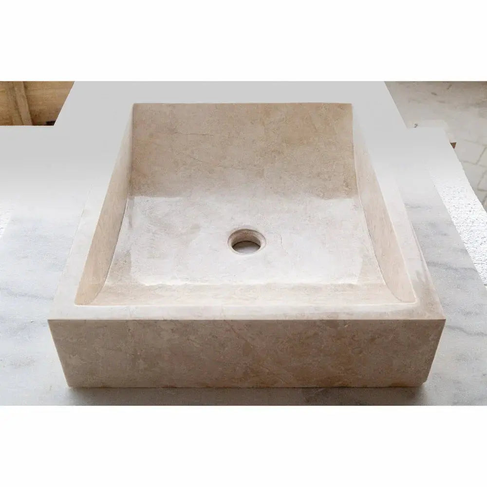 Cappuccino beige marble rectangular bathroom sink, above-counter vanity, 18W x 21.5L x 5H inches.