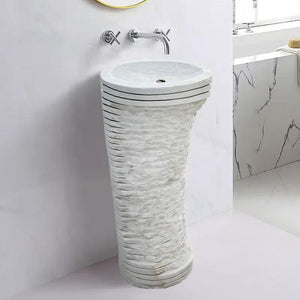 Carrara White Marble Designer Pedestal Sink by Villohome; freestanding bathroom sink with a textured, ribbed pedestal.
