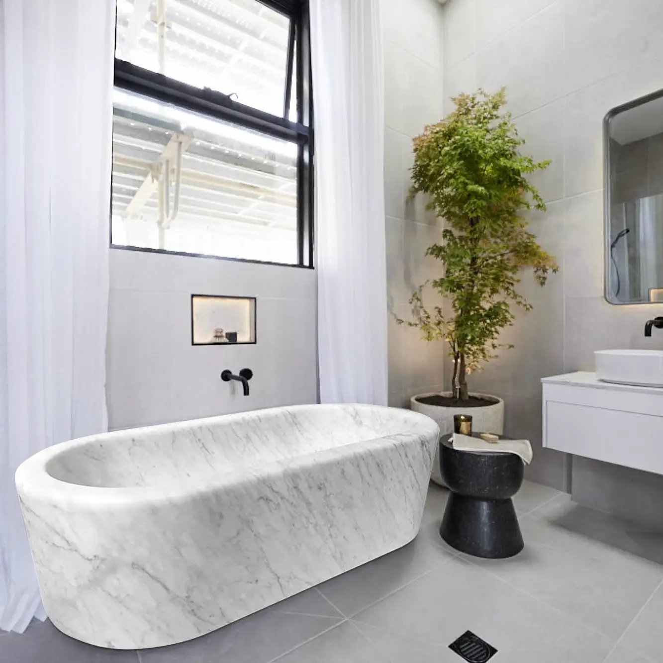 Imperial White Marble Bathtub, hand-carved from solid marble block, freestanding tub