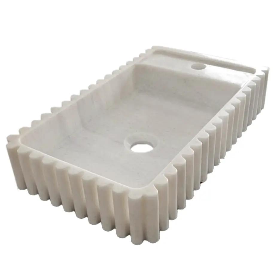 Villohome Carrara white marble wall-mount bathroom sink with fluted exterior, 12x20x4 inches.