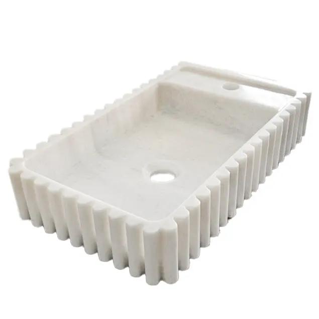 Villohome Carrara White Marble wall-mount bathroom sink with fluted exterior, 20 in L x 12 in W x 4 in H