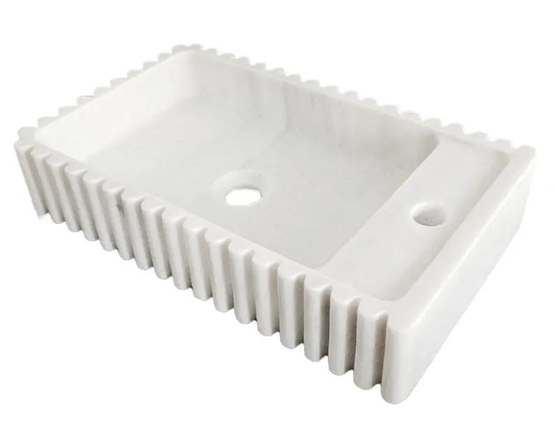 Carrara White Marble wall-mount bathroom vanity sink with fluted exterior by Villohome, 20in L x 12in W