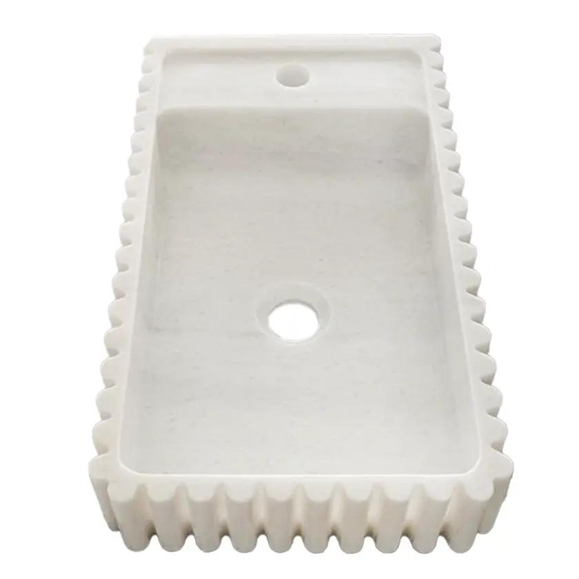 Villohome Carrara White Marble wall-mount bathroom sink with fluted and reeded edges, overall 12x20x4 in