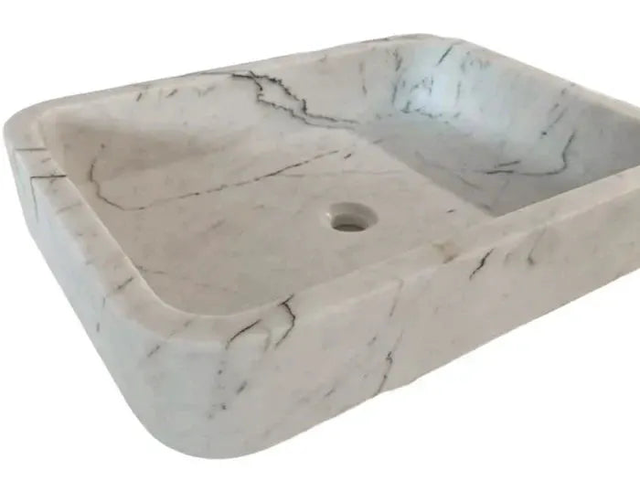 Carrara White Marble Rectangular Wall-Mount Bathroom Sink by Villohome, white with gray veining, 24x16 inches