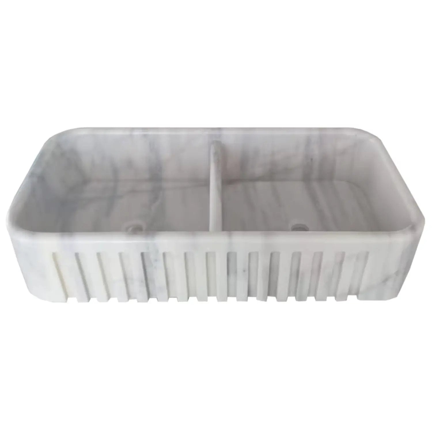 Villohome Carrara white marble farmhouse apron-front kitchen sink, double bowl (18W x 36L)