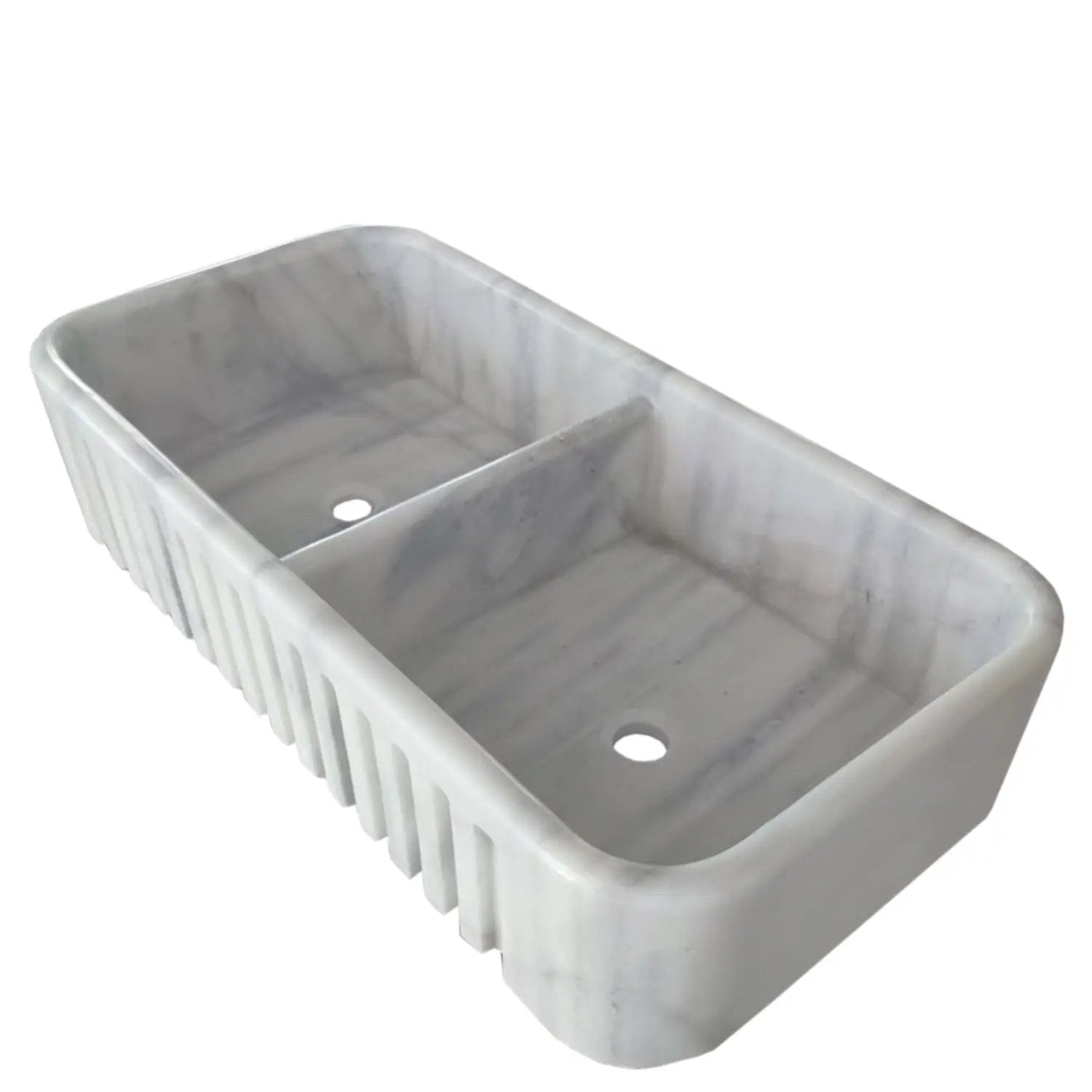 Carrara white marble farmhouse apron kitchen double sink with ribbed exterior