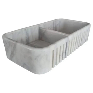 Carrara white marble farmhouse kitchen sink with two basins and apron-front by Villohome