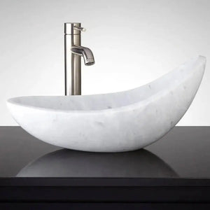 Marble special design asymmetric above-counter bathroom sink, polished white marble, 14"W x 22"L x 10"H.