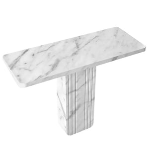 Carrara White Marble Designer Console Table by Villohome, marble top on column pedestal, 40 in L x 15 in W x 32 in H