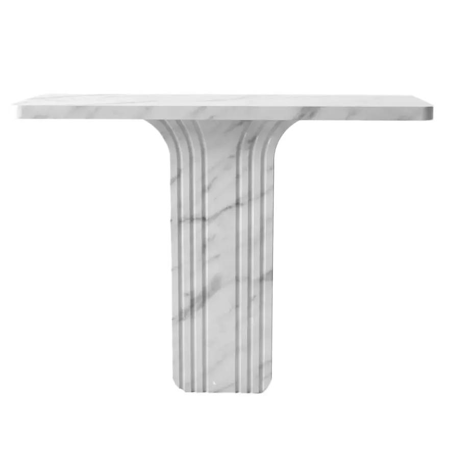 Carrara White Marble console table by Villohome, polished finish with a sculpted pedestal base, 40in long.