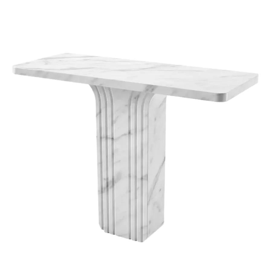 Carrara White Marble Designer Console by Villohome, polished marble top on a ribbed pedestal