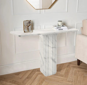 Villohome Carrara White Marble Designer Console; polished white marble with ribbed pedestal, 40in long