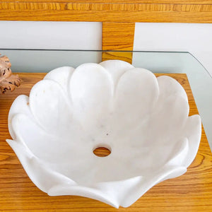 Villohome Carrara white marble flower-shaped above-counter vanity sink, polished finish, diameter 17in, 6in tall.