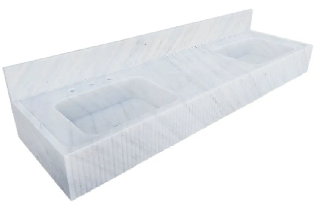 Carrara White Marble bathroom double sink by Villohome with fluted front, 72" L x 21" W x 8" H