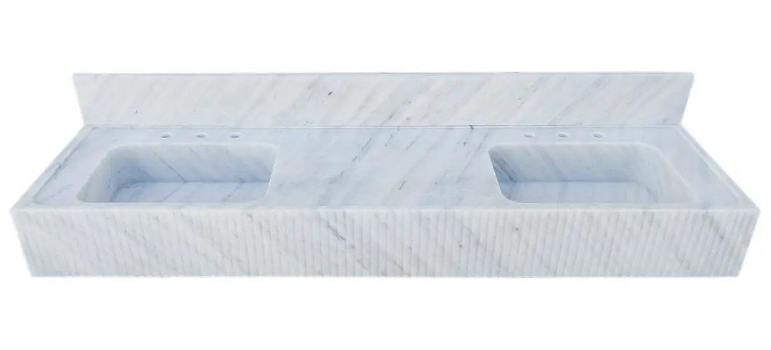 Carrara white marble bathroom double sink with fluted front and two basins