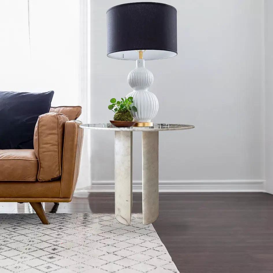 Carrara white marble end table with polished marble legs and round top, 18in dia, 22in high