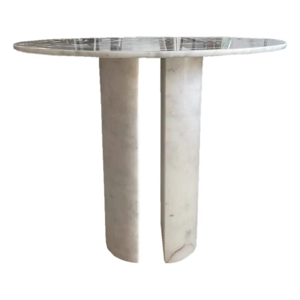 Carrara white marble end/side table with two marble legs, polished round top, 18 in diameter, 22 in high